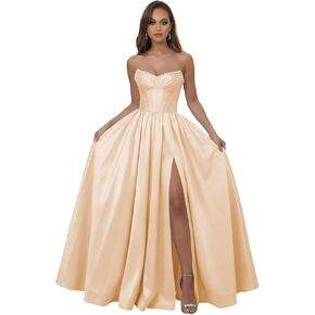فساتين حفلة موسيقية من الساتان بدون حمالات، ثوب طويل من اللؤلؤ للحفلات المسائية للنساء، فستان رسمي على شكل حرف A مع فتحة in Kuwait