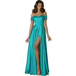 Wchecalino Off Shoulder Ruched Bridesmaid Dresses for Women Long Satin Formal Party Dress with Slit in Saudi Arabia