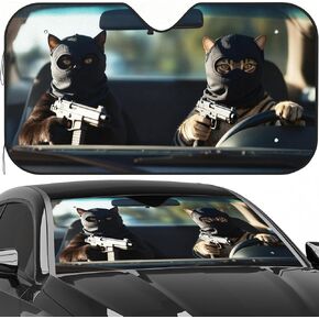 Car Windshield Sun Visor Shade Funny Prank Cat Masked Design for Cars SUV and Trucks Front Window Sun Shade & Heat Shield UV Protection Cool Automotive Interior Accessories 55" x 30" in Kuwait