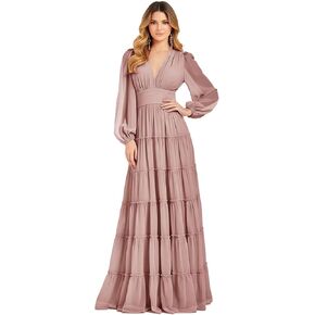 Puffy Sleeve Bridesmaid Dresses for Women Ruffles Long Tiered Pleated Chiffon V Neck Formal Wedding Guest Dress in Kuwait