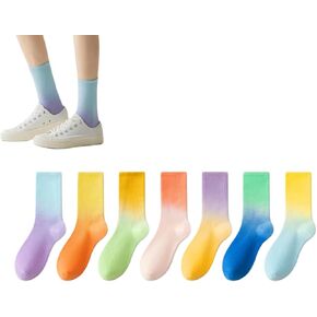 7-Pack Women's Gradient Mid-Calf Socks in Soft Cotton- Colorful Ombre Crew Socks for Daily Wear & Fashion in Saudi Arabia