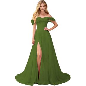 Off The Shoulder Prom Dresses Long Tulle Pleated A Line Formal Dress with Slit in Saudi Arabia