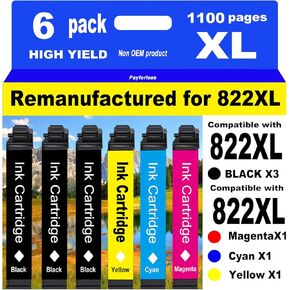 PayForLess for 822XL المعاد تصنيعها لخراطيش حبر Epson 822XL لطابعة 822 XL T822 Workforce Pro WF-3820 WF-3823 WF-4820 WF-4830 WF-4833 WF-4834 3 أسود 1 سماوي 1 أرجواني 1 أصفر 6 عبوات in Kuwait