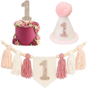 3 قطع كرسي مرتفع لعيد الميلاد الأول للفتيات، مجموعة لافتة كرسي مرتفع لعيد الميلاد الأول، قبعة عيد الميلاد الأول، قبعة عيد ميلاد واحدة، ديكور حفلات وردي مع قبعة وراية، دعامة التقاط الصور للفتيات in Kuwait