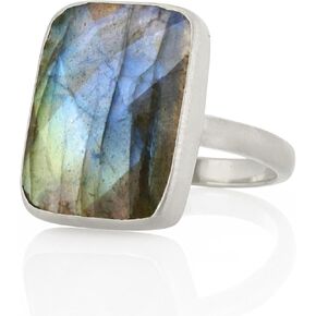 Silver Stackable Statement Ring - Large Rectangle Labradorite Gemstone - 925 Sterling Silver Design - Natural Eye-Catching Jewelry in Kuwait