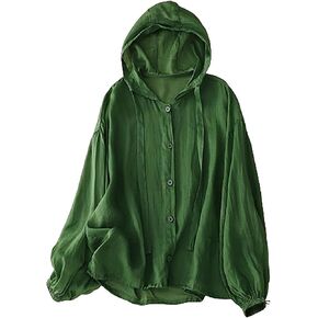 Mzkdieey Women Cotton Linen Sun Protection Hoodie Jacket Drawstring Long Sleeve Button Down Blouse Oversized Hooded Cover Ups in Kuwait
