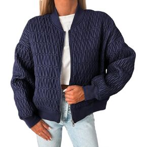 Bomber Jacket Women Lightweight Quilted Jackets Plaid Long Sleeve Zip Up Coat Spring Fall Clothes with Pockets Trendy in Kuwait