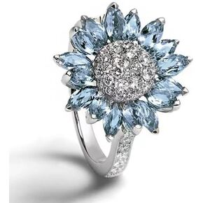 ASFKIPMF Sterling Silver Sunflower Ring, Blue Zircon, Halo Setting, 8 Size, Female, Floral Theme in Kuwait