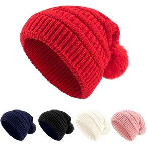 Winter Beanie for Women Warm Fleece Lined Winter Hats, Soft Snow Knit Skull Ski Cap with Pompom in Kuwait