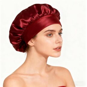 Satin Sleep Bonnet with Wide Elastic Band, Oversized Hair Protection Cap for Nighttime Use, Breathable Skull Cap Design in Multiple Colors for Comfortable Wear and Hair Management(Claret) in Kuwait