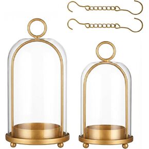 مجموعة من 2 فانوس شموع من GYKLE - حاملات شموع نحاسية عتيقة مع قبب زجاجية سميكة (5.25 بوصة × 10 بوصة و4.5 بوصة × 7.87 بوصة)، مثالية للشموع الدعامة وترتيبات الزهور ولمسات منزلية عتيقة in Kuwait