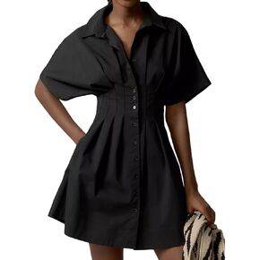 Women Button Front Pleated Shirt Dress Summer Casual Short Sleeve Pleated Blouse Mini Dress in Kuwait