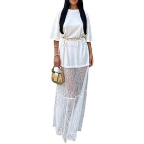 Women's Lace Patchwork Mesh T Shirt Dress Casual Crew Neck Short Sleeve Loose Sheer See Through Maxi Dresses in Saudi Arabia