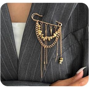 Chunky Gold Chain Tassel Brooches for Suit,Long Metal Fringe Lapel Pin for Women Men,Y2k Irregular Beaded Spike Cuban Chain Brooch in Kuwait