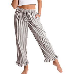 COZYPOIN Women's Striped Wide Leg Pants Drawstring Elastic Waist Cotton Pajama Pants Fashion Ruffle Hem Lounge Pj Bottoms in Kuwait