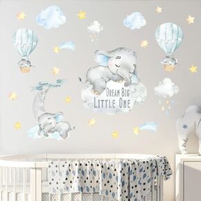Yovkky Blue Watercolor Boy Elephant Wall Decals, Sweet Dream Big Little One Sticker Moon Hot Air Balloon Star Nursery Decor, Home Baby Shower Room Decoration Kid Toddler Crib Bedroom Playroom Art Gift in Kuwait
