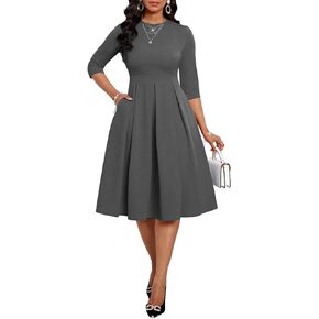 Fall Dresses for Women Semi-Formal Fit Casual Slim Mid Sleeves O-Neck Elegant Swing A Line Midi Dresses in Kuwait
