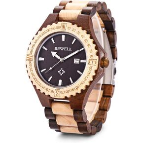 BEWELL ZS-W023A Mens Wooden Watch Quartz Movement Lightweight Handmade Calendar Analog Wrist Watch in Saudi Arabia