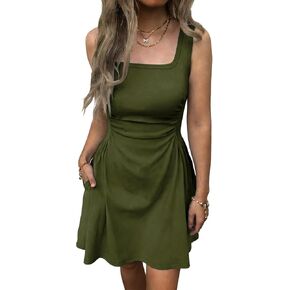 Women's Summer Square Neck Sleeveless Mini Dress Ruched Waist Corset Slim-Fit Dresses with Pockets in Kuwait