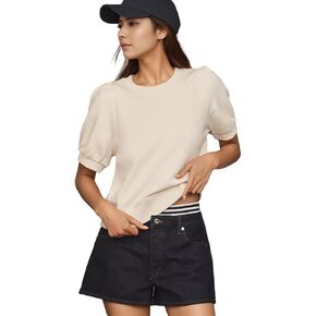 سويت شيرت بأكمام قصيرة منتفخة للنساء، كاجوال برقبة دائرية، سويت شيرت صيفي محبوك للعمل in Kuwait