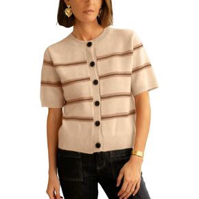 Lianlive Striped Cardigan Sweater for Women Casual Crewneck Short Sleeve Knit Tops Button-Down Fall Knitwear Cardigans in Kuwait