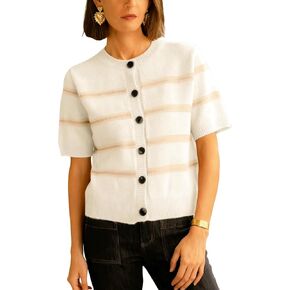 سترة صوفية مخططة من Lianlive للنساء، كاجوال بياقة دائرية وأكمام قصيرة، سترات محبوكة بأزرار سفلية للخريف in Kuwait