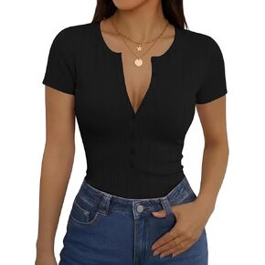 Rapbin Womens Short Sleeve Tops Casual Henley Ribbed Shirts Basic V Neck Button Down T-Shirts in Kuwait