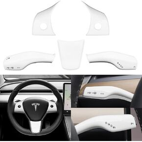 White Carbon Fiber Steering Wheel Trim & Gear Shift Cover for Tesla Model 3 (2021-2023) and Model Y (2019-2024) in Kuwait