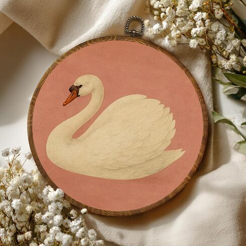 Vintage White Swan Wall Art Decor 10x10 Inch Framed - Dark Moody Gothic Decor, Aesthetic Circular Art for Home Living Room, Unique Gift for Swan Lover, Neutral Retro Artwork (Pink Swan6) in Saudi Arabia