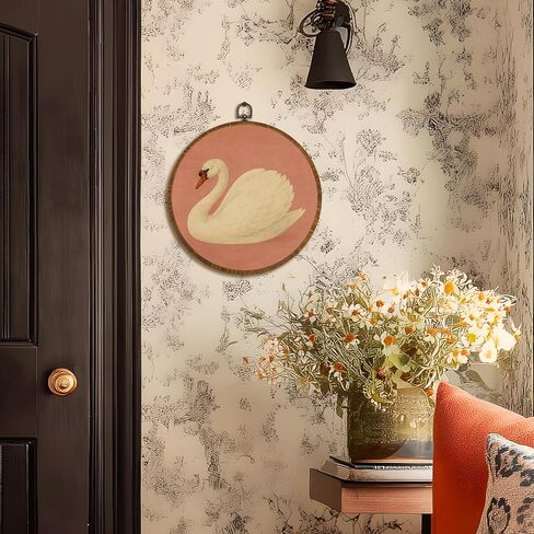 Vintage White Swan Wall Art Decor 10x10 Inch Framed - Dark Moody Gothic Decor, Aesthetic Circular Art for Home Living Room, Unique Gift for Swan Lover, Neutral Retro Artwork (Pink Swan6) in Saudi Arabia
