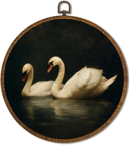 Vintage White Swan Wall Art Decor 10x10 Inch Framed - Dark Moody Gothic Decor, Aesthetic Circular Art for Home Living Room, Unique Gift for Swan Lover, Neutral Retro Artwork (Pink Swan6) in Saudi Arabia