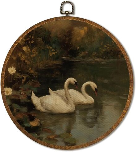Vintage White Swan Wall Art Decor 10x10 Inch Framed - Dark Moody Gothic Decor, Aesthetic Circular Art for Home Living Room, Unique Gift for Swan Lover, Neutral Retro Artwork (Pink Swan6) in Saudi Arabia