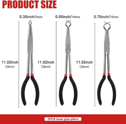 3pcs 11 '' خرطوم القابض مجموعة كماشة، طويلة الوصول خرطوم قبضة كماشة 5/16 بوصة، 1/2 بوصة، 3/4 بوصة كماشة خرطوم الأنف الدائري، إزاحة شرارة التوصيل التمهيد إزالة كماشة للمساحة الضيقة in Saudi Arabia