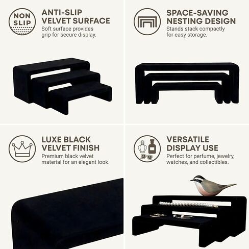 Black Velvet Display Risers Set of 3 - Non-Slip Cologne Organizer for Men, Collectibles and Purse Display, Handbag and Vanity Shelf, Watch and Jewelry Holder, Perfume Stand, Table Riser for Vendors in Kuwait