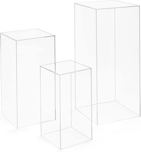 Displays2go Set of 3 Pedestals for Floor, Square Tops, 3 Sizes, Fillable, Acrylic - Clear (SMCLRPED3) in Kuwait