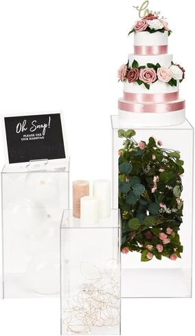 Displays2go Set of 3 Pedestals for Floor, Square Tops, 3 Sizes, Fillable, Acrylic - Clear (SMCLRPED3) in Kuwait