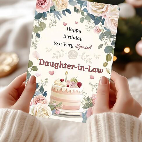 بطاقة عيد ميلاد ابنة القانون - عيد ميلاد سعيد لحماة مميزة جدًا، تصميم أنيق من الزهور والكعك مع رسالة من القلب بالداخل in Saudi Arabia