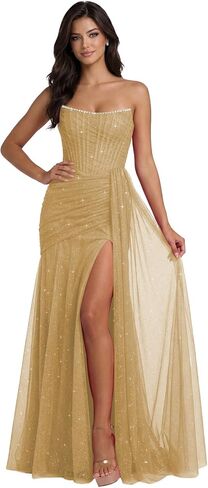 Sparkly Tulle Mermaid Prom Dresses 2026 Strapless Beaded Pleated Formal Evening Gowns with Slit L07009 in Saudi Arabia