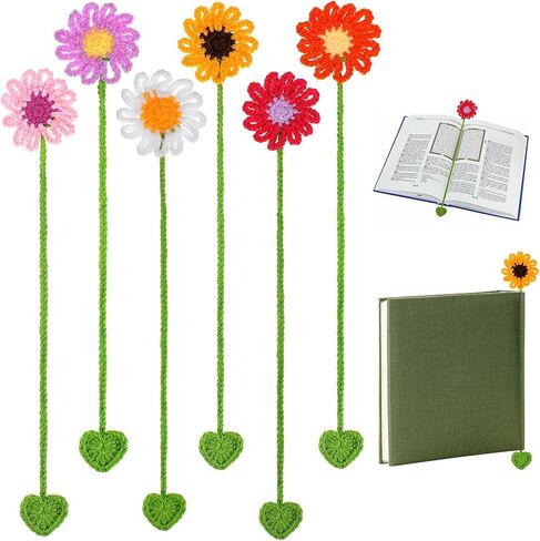 6Pcs Crochet Bookmarks, Personalized Handmade Flower Bookmark for Women Book Lovers Sunflower Daisy Floral Book Marker Knitted Page Holder in Saudi Arabia