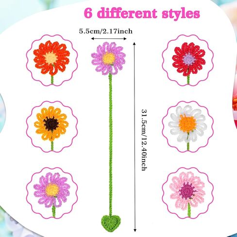 6Pcs Crochet Bookmarks, Personalized Handmade Flower Bookmark for Women Book Lovers Sunflower Daisy Floral Book Marker Knitted Page Holder in Saudi Arabia