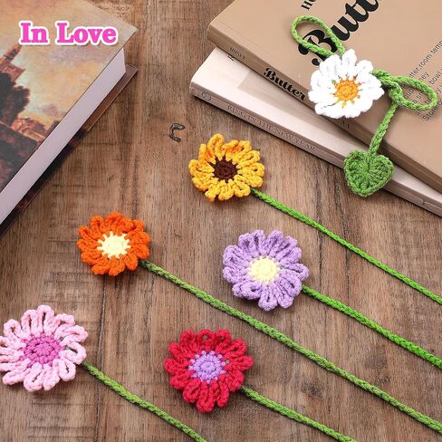 6Pcs Crochet Bookmarks, Personalized Handmade Flower Bookmark for Women Book Lovers Sunflower Daisy Floral Book Marker Knitted Page Holder in Saudi Arabia