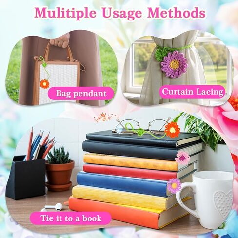 6Pcs Crochet Bookmarks, Personalized Handmade Flower Bookmark for Women Book Lovers Sunflower Daisy Floral Book Marker Knitted Page Holder in Saudi Arabia