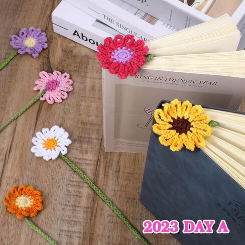6Pcs Crochet Bookmarks, Personalized Handmade Flower Bookmark for Women Book Lovers Sunflower Daisy Floral Book Marker Knitted Page Holder in Saudi Arabia