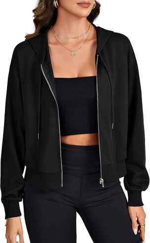 LYANER Women's Hoodies Long Sleeve Full Zip Up Basic Casual Cropped Sweatshirts in Saudi Arabia