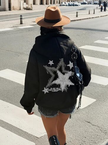 Women Hoodies With Pocket Oversized Star Graphic Sweatshirt Trendy Long Sleeve Pullover Tops Fall Winter Clothes in Saudi Arabia