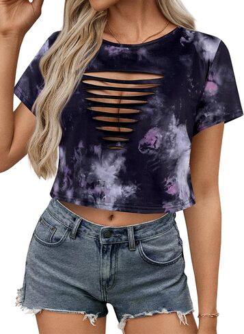 Remidoo Women’s Distressed Crop Top Short Sleeve Cut Out Punk Rock Ripped Cropped T Shirts in Saudi Arabia