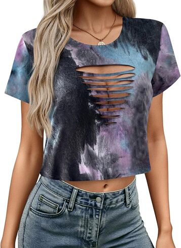 Remidoo Women’s Distressed Crop Top Short Sleeve Cut Out Punk Rock Ripped Cropped T Shirts in Saudi Arabia