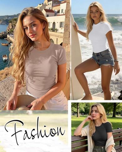 3 Pack Womens Tops Ribbed Cotton Short Sleeve Crew Neck Fitted Slim Soft Basic Plain Solid Layering Summer Casual in Saudi Arabia