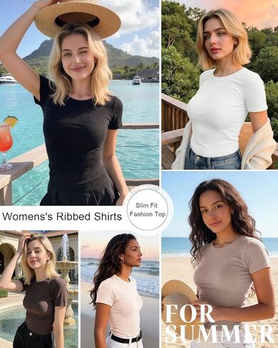 3 Pack Womens Tops Ribbed Cotton Short Sleeve Crew Neck Fitted Slim Soft Basic Plain Solid Layering Summer Casual in Saudi Arabia