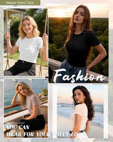 3 Pack Womens Tops Ribbed Cotton Short Sleeve Crew Neck Fitted Slim Soft Basic Plain Solid Layering Summer Casual in Saudi Arabia